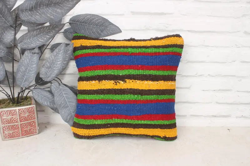 Kilim Cushion Sham, Turkish Kilim Pillow, Farmhouse Cushion, 14x14 Blue Cushion Cover, Handmade Kilim Cushion, Cushion Cover - 1
