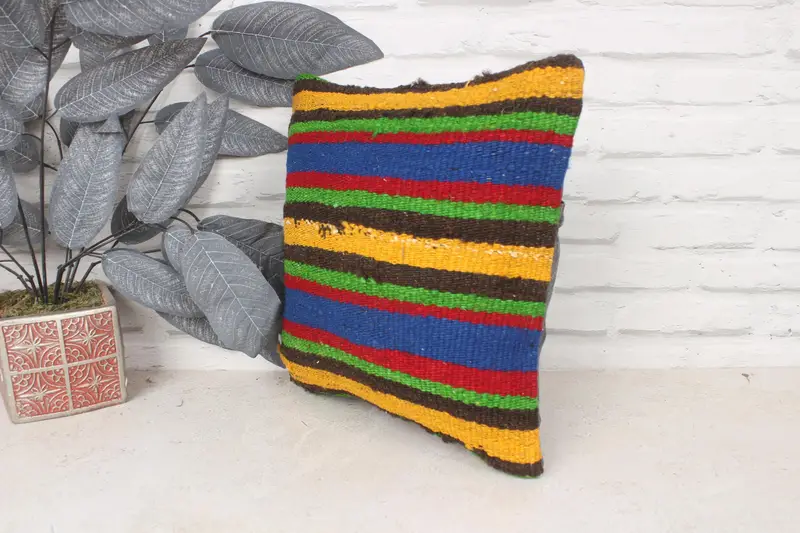 Kilim Cushion Sham, Turkish Kilim Pillow, Farmhouse Cushion, 14x14 Blue Cushion Cover, Handmade Kilim Cushion, Cushion Cover - 4
