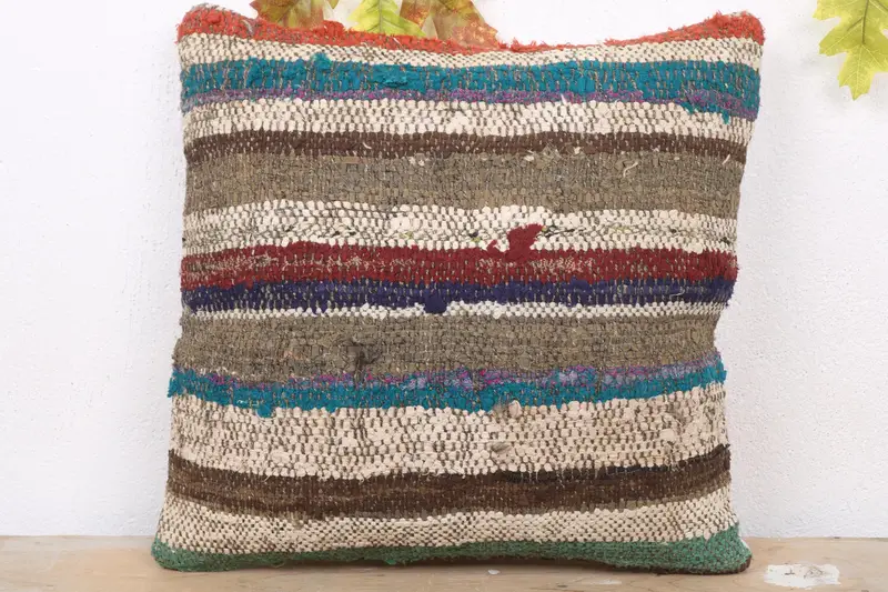 Kahverengi & Bronz Çizgili Kırlent, 18x18 Nakışlı Kırlent