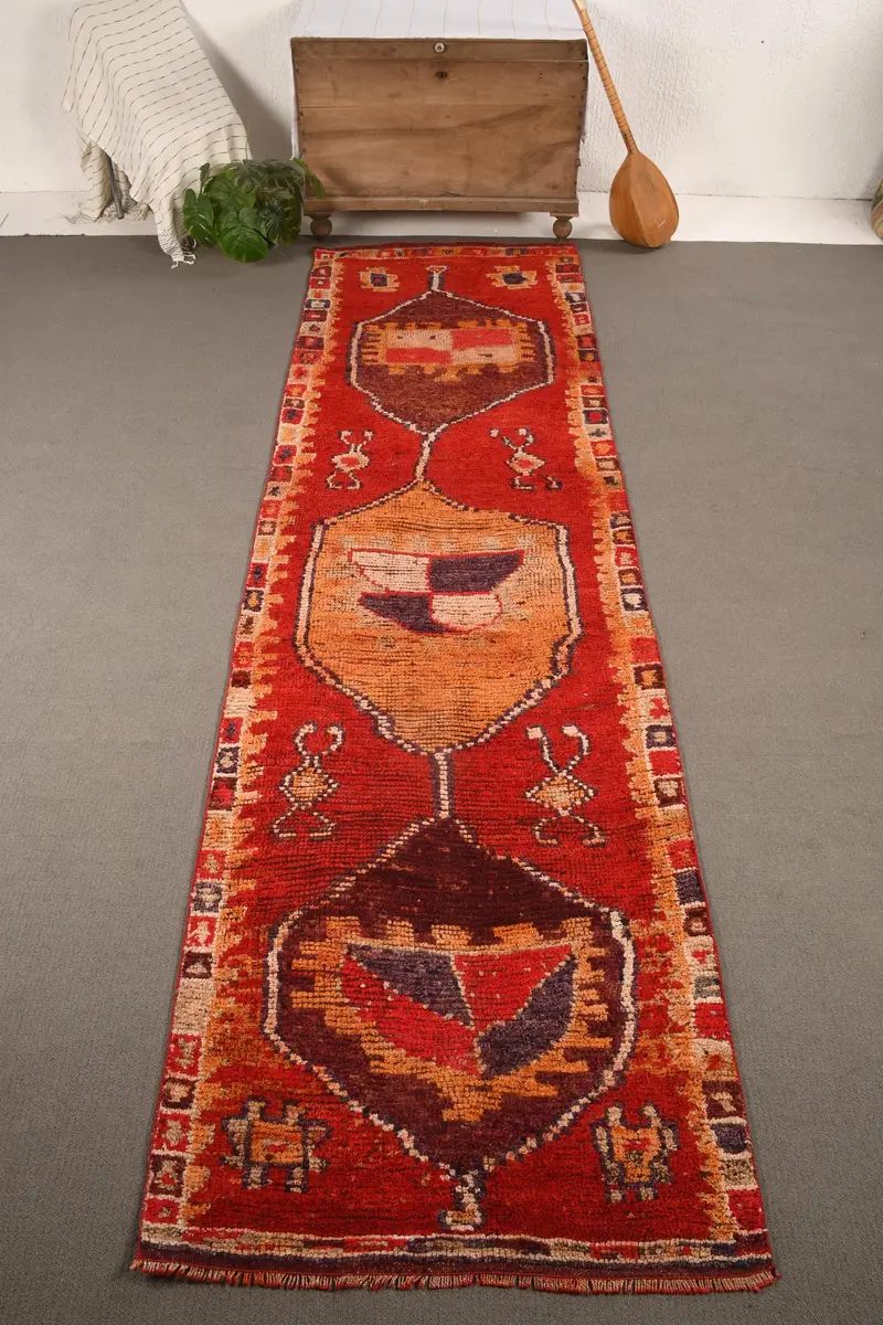 3,3x11,7 ft Teppich, Türkischer Vintage Teppich, Herki Roter Massiver Teppich - 1
