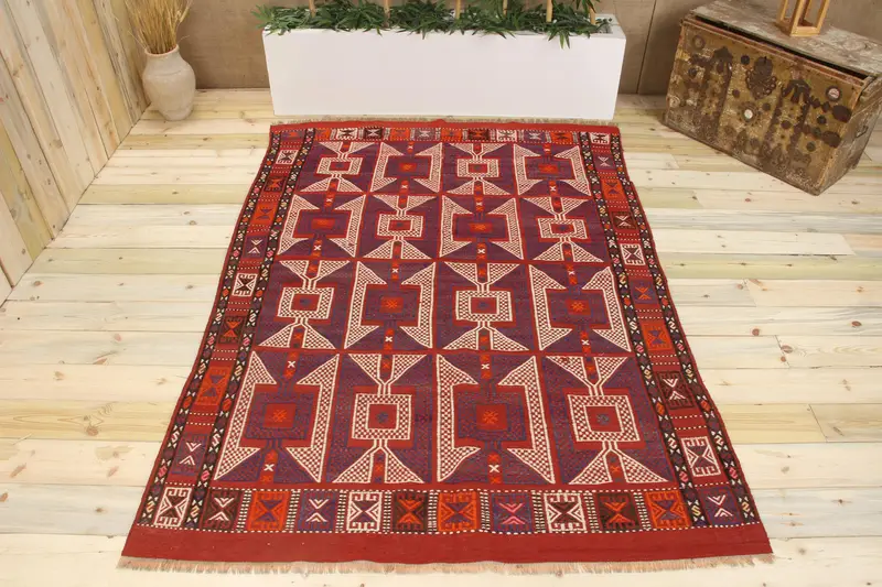 Handmade Purple & Red Check Rug, 0.4x7.1 ft