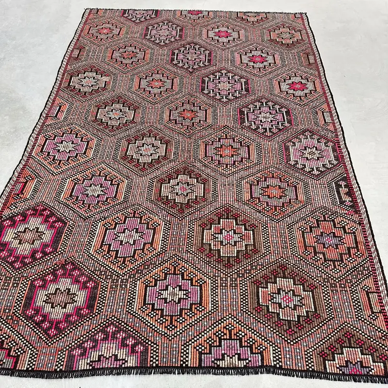 Canlı Turuncu ve Mor Halı, 5,5x8,1 ft Soyut Tasarım