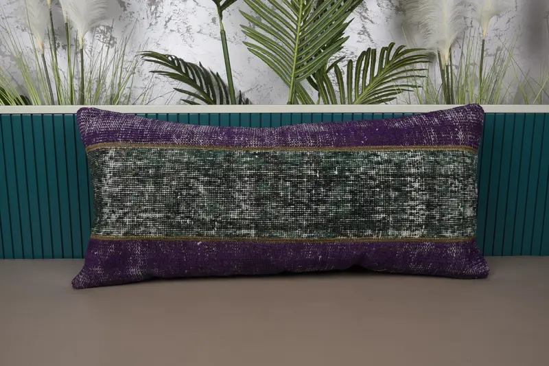El Yapımı Nakışlı Kırlent, Yeşil ve Mor Patchwork Yastık