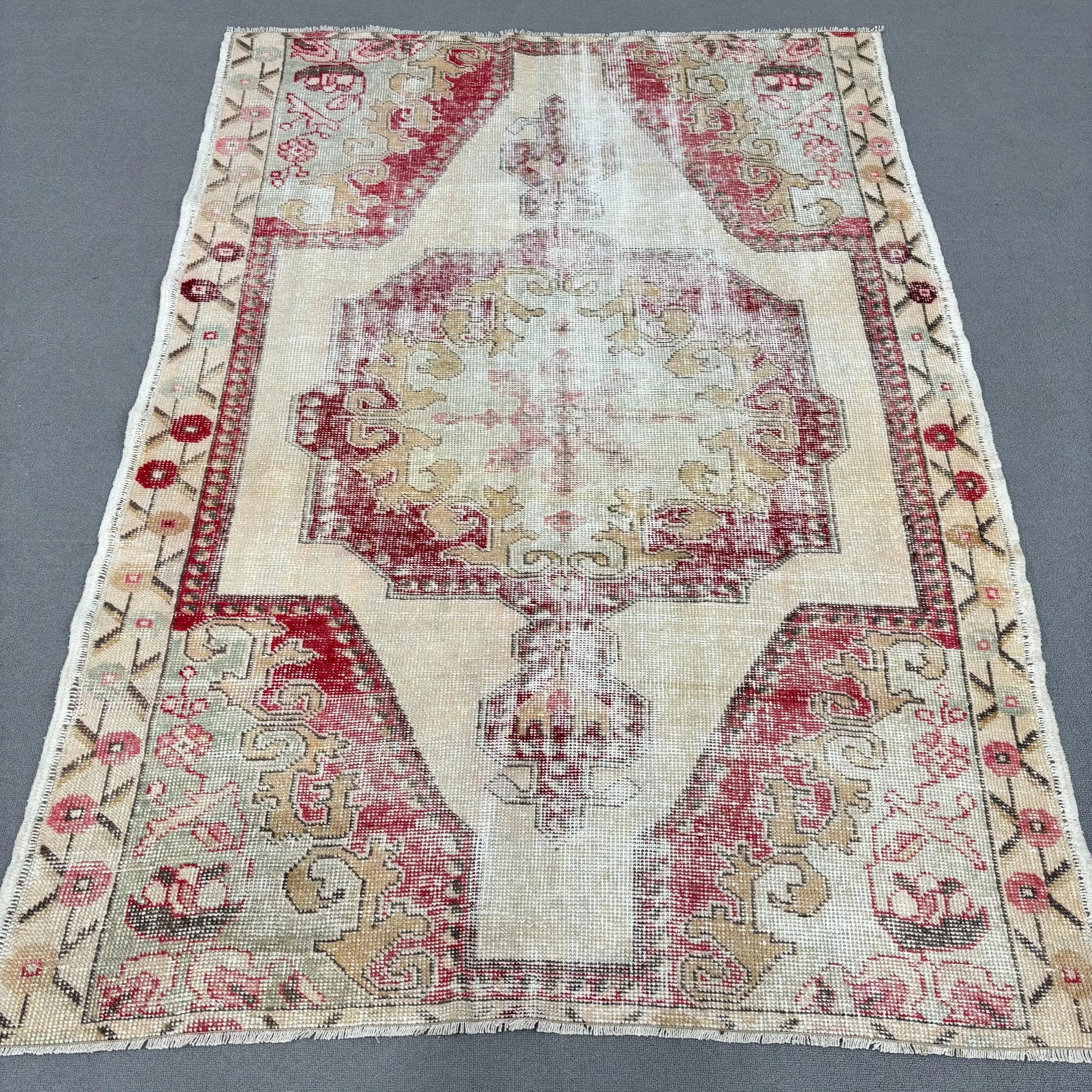 Turkish Rug, 4.6x6.5 ft Area Rug, Red Floral Wool Vintage Rug - 1