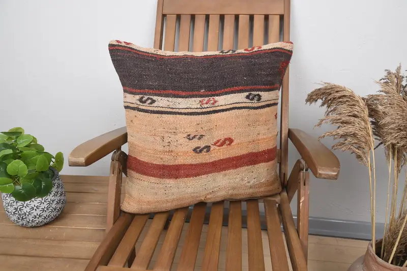 Vintage Kilim Throw Pillow, 20x20 Orange Cushion Cover, Interior Designer Pillow, Cushion Cover, Ethnical Kilim Rug Pillow, Cotton Pillow Cover - 1