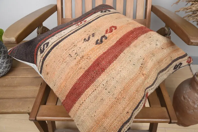 Vintage Kilim Throw Pillow, 20x20 Orange Cushion Cover, Interior Designer Pillow, Cushion Cover, Ethnical Kilim Rug Pillow, Cotton Pillow Cover - 4