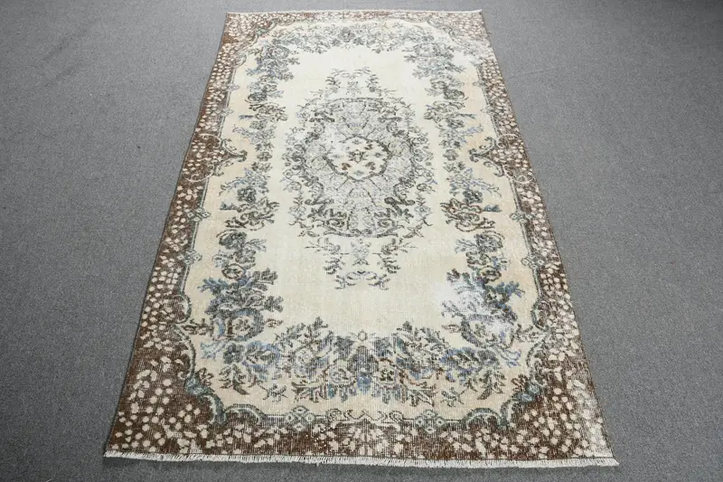 3.7x6.4 ft Turkish Vintage Rug, Accent Rug, Oushak Brown Wool Rug - 1