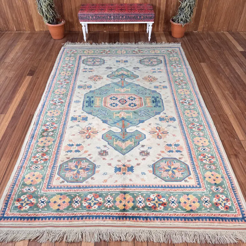 Turkish Large Rug, 6.3x10 ft Vintage Rug, Blue Oushak Wool Rug - 1