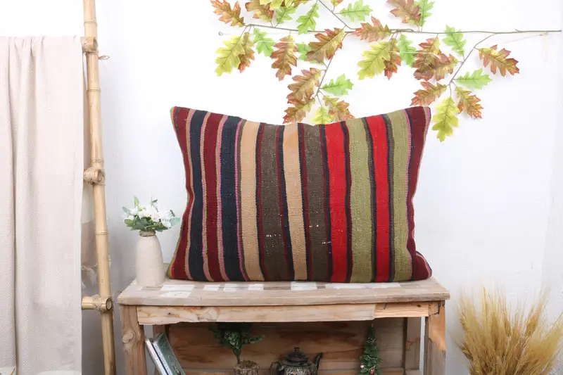 Handmade Green & Red Striped Throw Pillow, Vintage Rectangle Pillow
