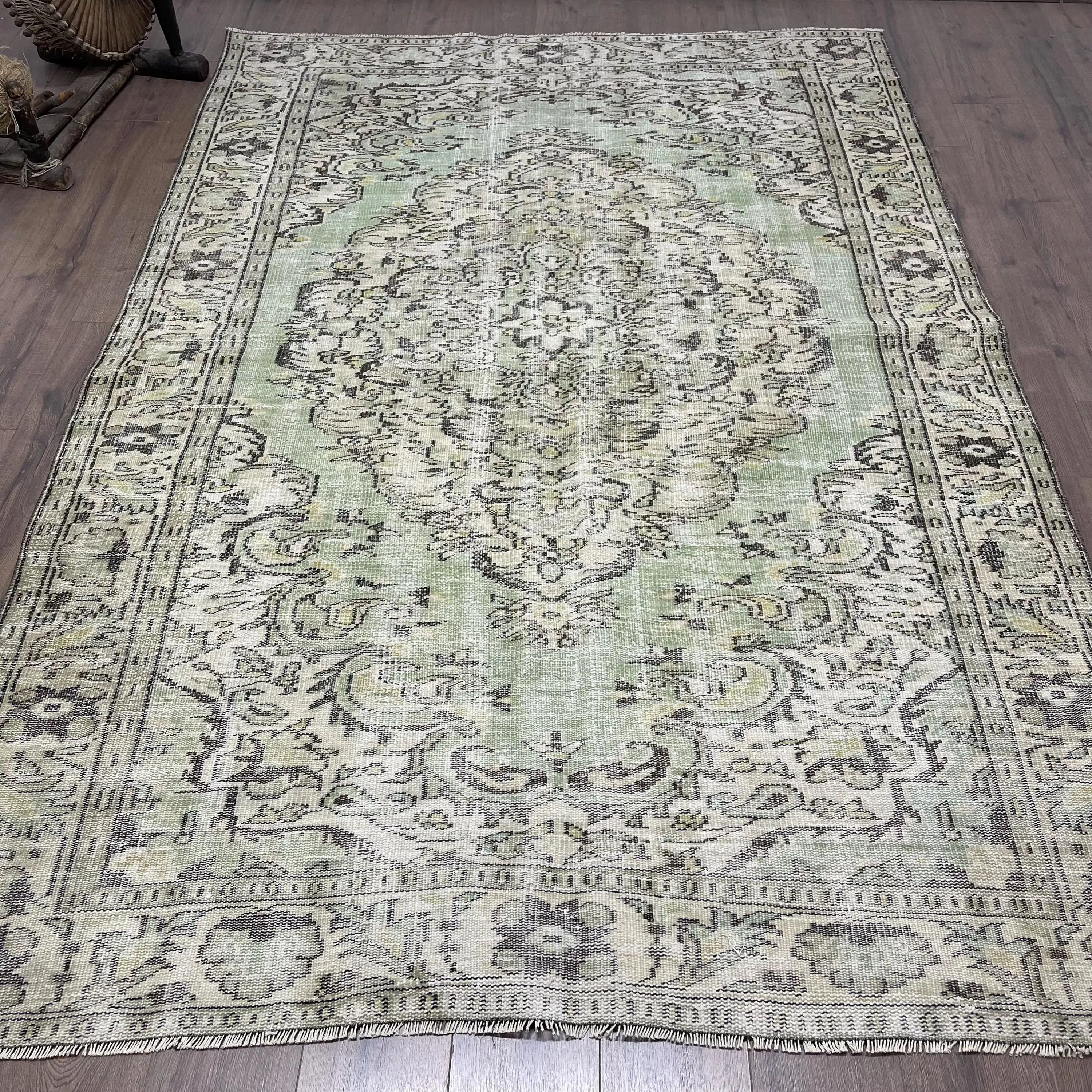 Türk Halısı, 6x9.3 ft Büyük Halı, Yeşil Gri Yün Halı - 1