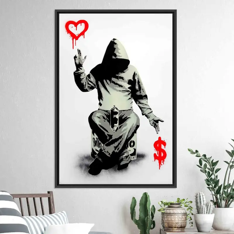 芸術的なバンクシー キャンバス: お金、少年、心 - 印刷された傑作