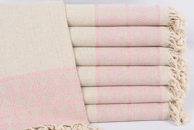 Pink Kilim Design Beach Towel, Handmade Turkish Linen, 70x36 Inches