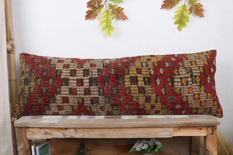 Cotton Cushion, Sustainable Pillow Sham, Home Decor Pillow, Kilim Pillow, Cushion, Ethnical Kilim Rug Pillow, 12x36 Red Pillow Case - 2
