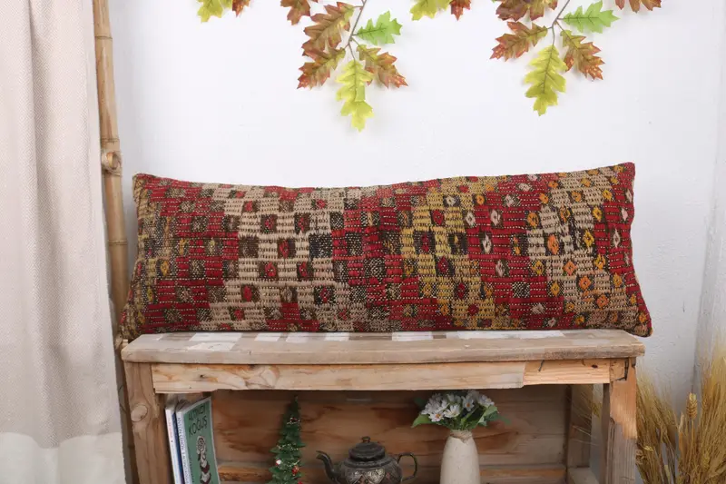 Cotton Cushion, Sustainable Pillow Sham, Home Decor Pillow, Kilim Pillow, Cushion, Ethnical Kilim Rug Pillow, 12x36 Red Pillow Case - 1