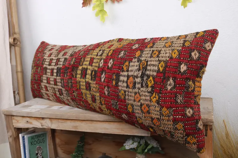 Cotton Cushion, Sustainable Pillow Sham, Home Decor Pillow, Kilim Pillow, Cushion, Ethnical Kilim Rug Pillow, 12x36 Red Pillow Case - 4