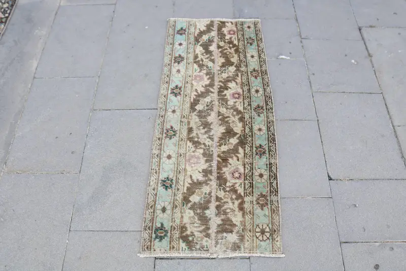 1.5x3.5 ft Turkish Vintage Rug, Small Rug, Brown Blue Wool Rug - 1