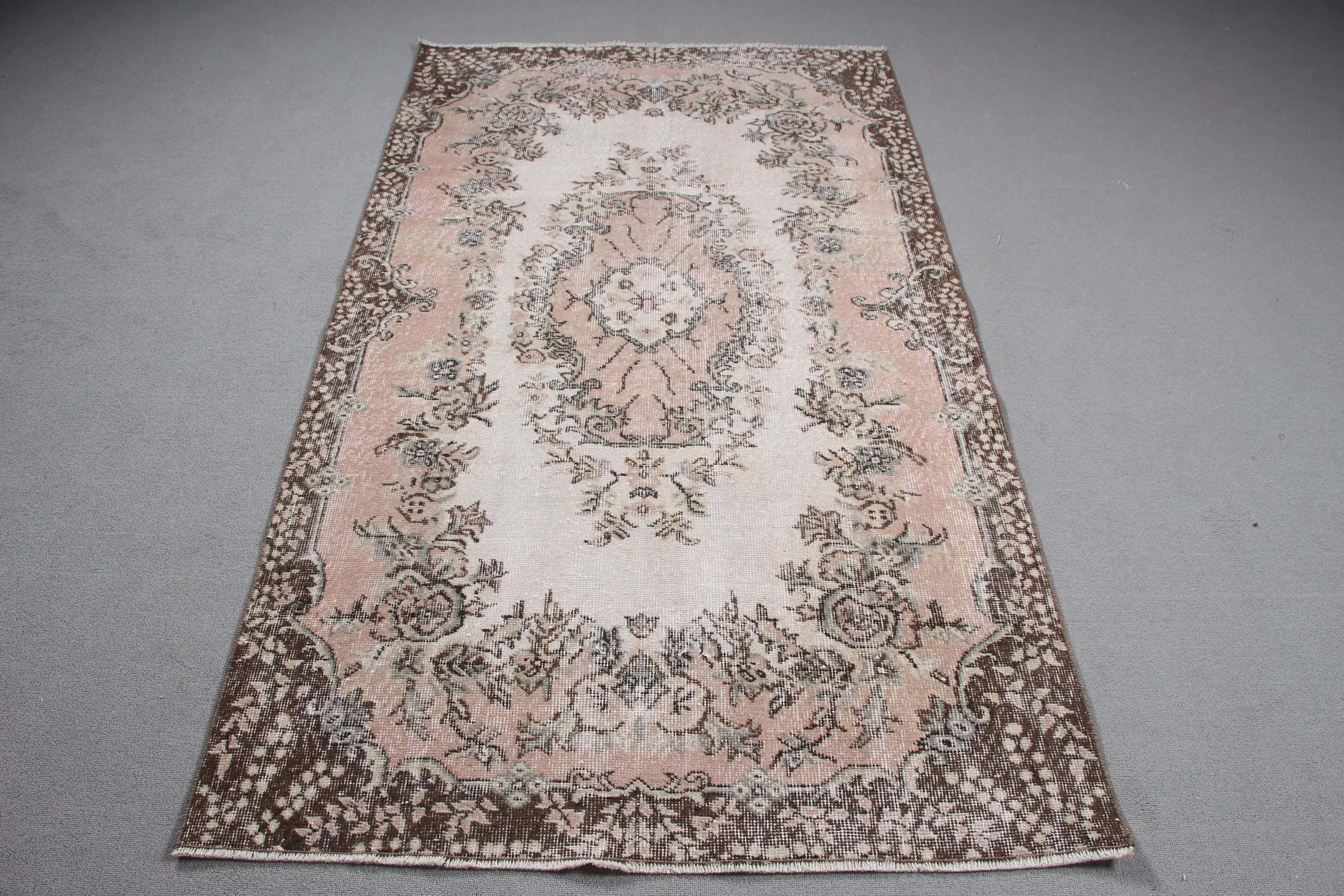 Turkish Vintage Area Rug 3.8x6.6 ft, Brown Pink Floral Wool Rug - 1