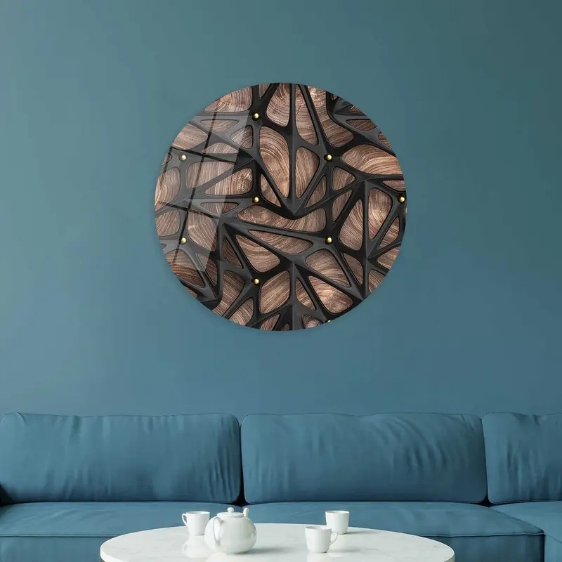 エレガントな抽象的な木製キャンバス: ブラウン、ブラック、幾何学模様のプリント