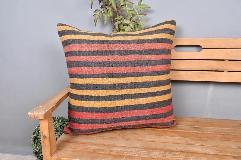Cushion, Yoga Pillow, Wool Kilim Pillow Pillow Sham, 24x24 Red Pillow Sham, Gift Pillow, Home Decor Pillow, Vintage Kilim Pillow - 1