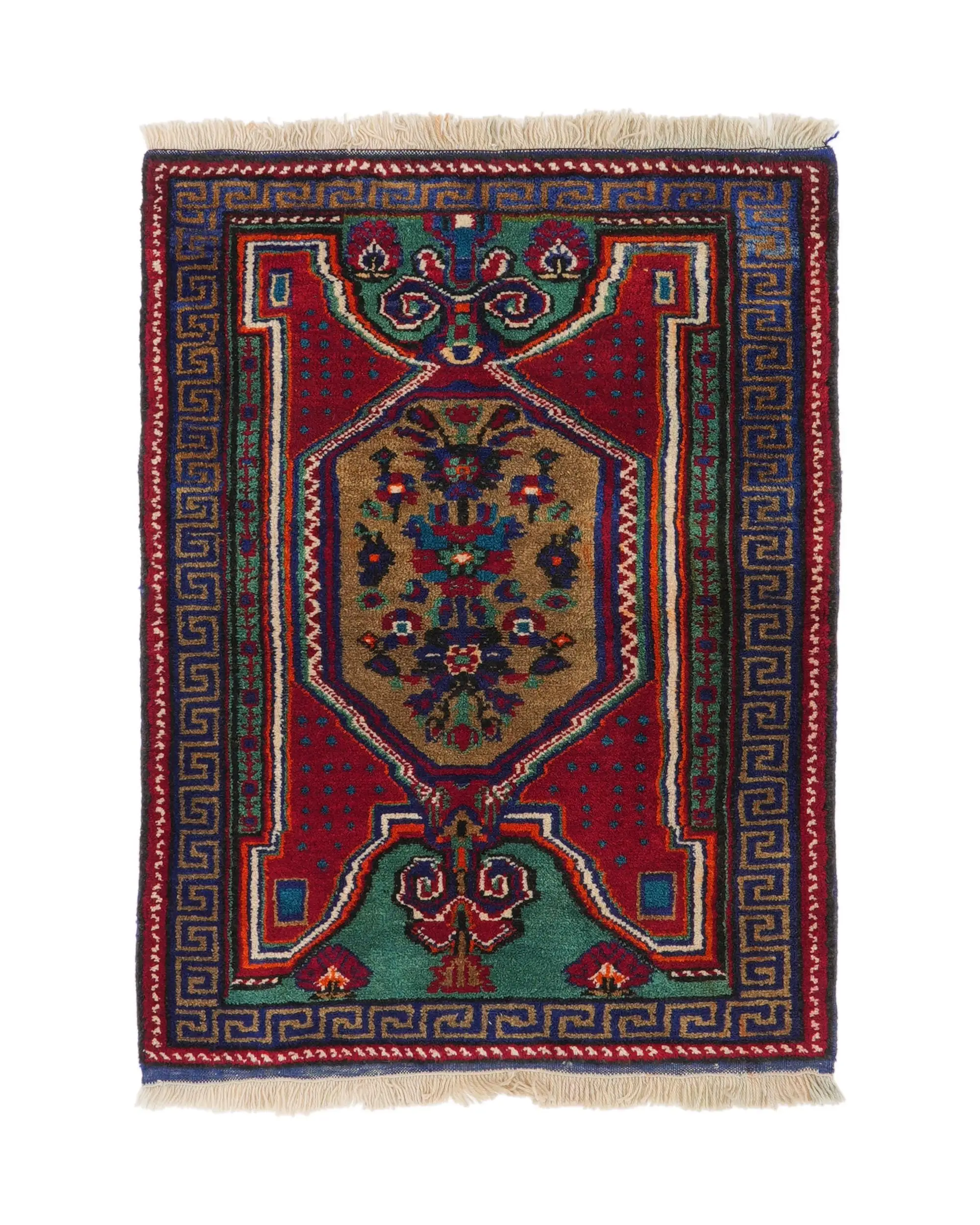 2.7x3.7 ft Turkish Small Rug, Red Blue Vintage Wool Rug - 1