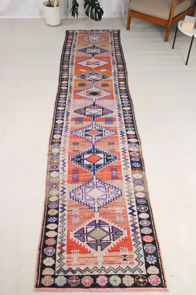 2.5x11.9 ft Türk Yolluk Halısı, Vintage Turuncu Çiçekli Halı - 1