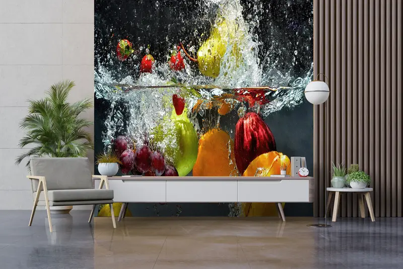 Trendige Küchentapete mit Obstspritzer: Bunt, lebendig, bedruckt