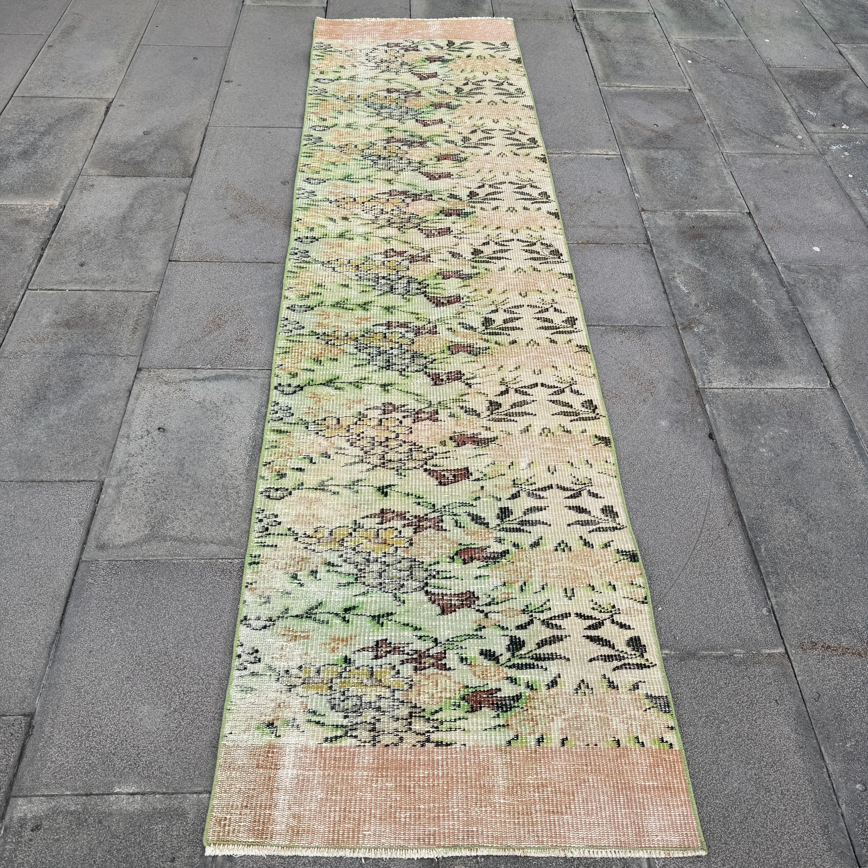 Vintage Turkish Rug, 2.3x8.8 ft Rug, Green Brown Bordered Wool Rug - 1