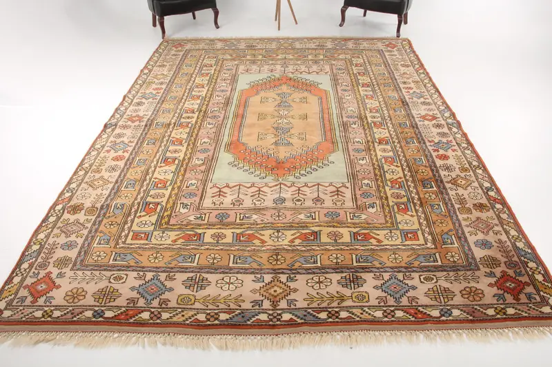 Türk 8.9x12.5 ft Halı, Büyük Boy Vintage Halı, Kahverengi Hayvan Baskı Yün Halı - 1