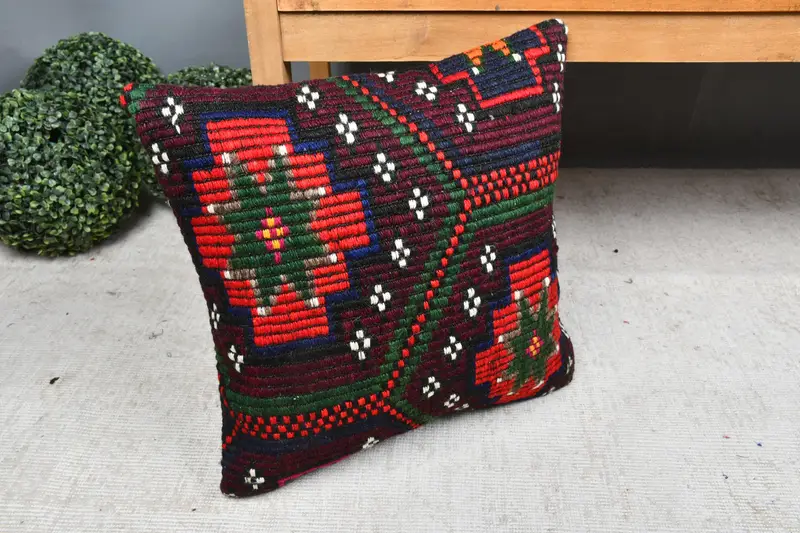 Hippie Throw Pillow, Handmade Throw Pillow Sham, 18x18 Red Pillow Case, Kilim Pillow Cover, Throw Kilim Pillow, Cushion, Kilim Pillow - 7