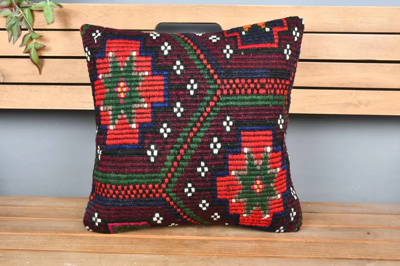 Hippie Throw Pillow, Handmade Throw Pillow Sham, 18x18 Red Pillow Case, Kilim Pillow Cover, Throw Kilim Pillow, Cushion, Kilim Pillow - 6
