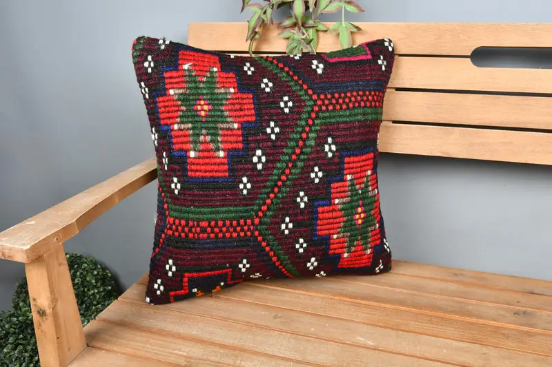 Hippie Throw Pillow, Handmade Throw Pillow Sham, 18x18 Red Pillow Case, Kilim Pillow Cover, Throw Kilim Pillow, Cushion, Kilim Pillow - 1