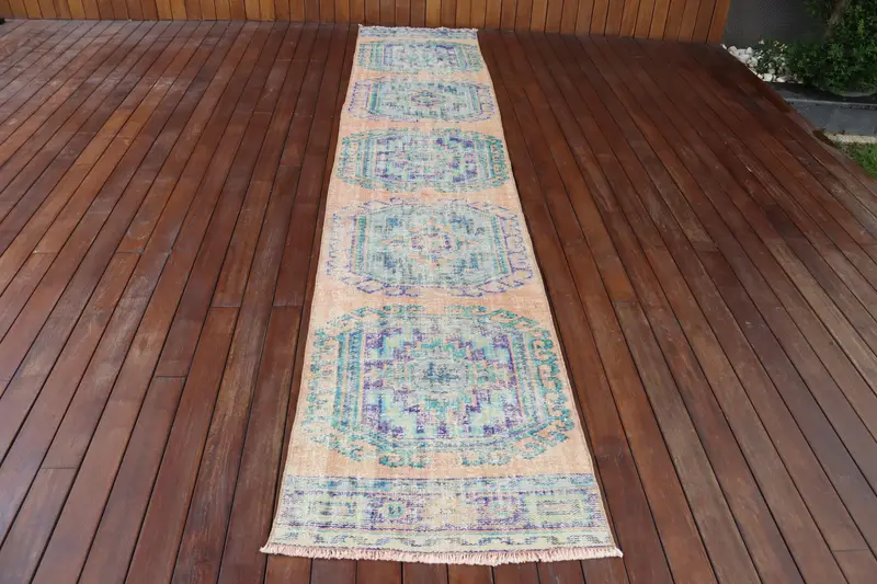 2.3x11.8 ft Rug, Vintage Turkish Rug, Oushak Blue Abstract Rug - 1