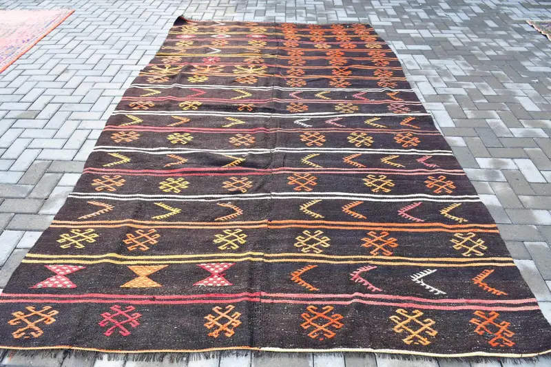 Türk 6.46x10.9 ft Halı, Büyük Boy Vintage Halı, Kahverengi Turuncu Bitkiler ve ağaçlar Yün Halı - 1