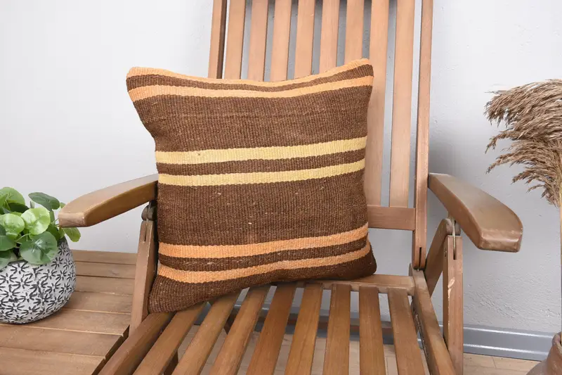 Square Throw Striped Euro Sham, Antique Brown 46x46 cm Pillow Cover - 1