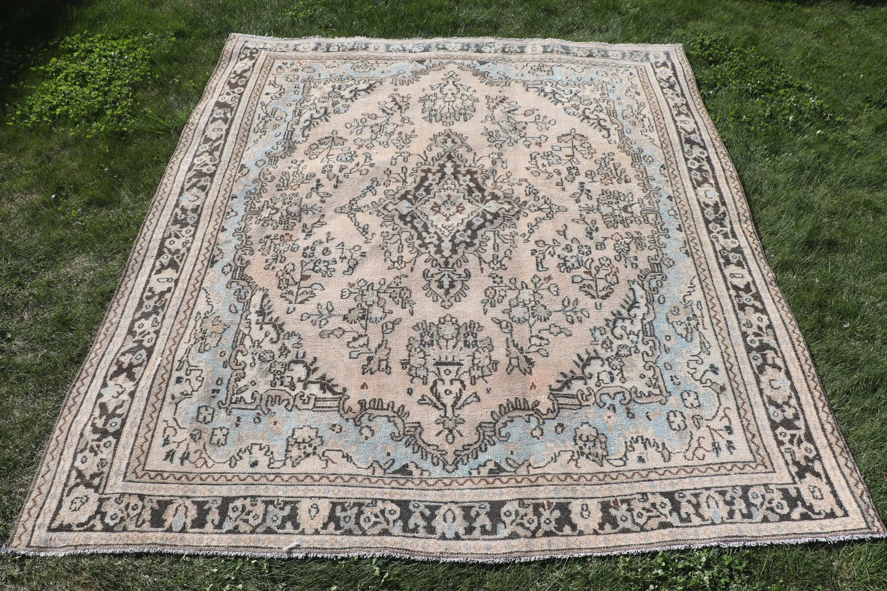 7.6x8.9 ft Vintage Rug, Turkish Large Rug, Blue Brown Southwestern Rug - 1