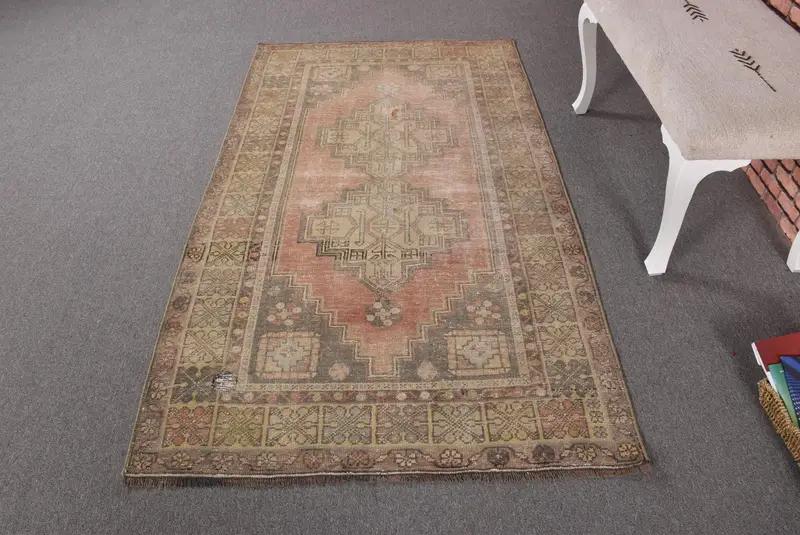 3.6x6.46 ft Rug, Vintage Oushak Rug, Turkish Red Wool Floral Rug - 1