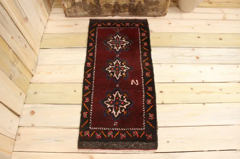 El Yapımı Kırmızı Patchwork Halı, 1.2x3.2 ft Zarif Dekor