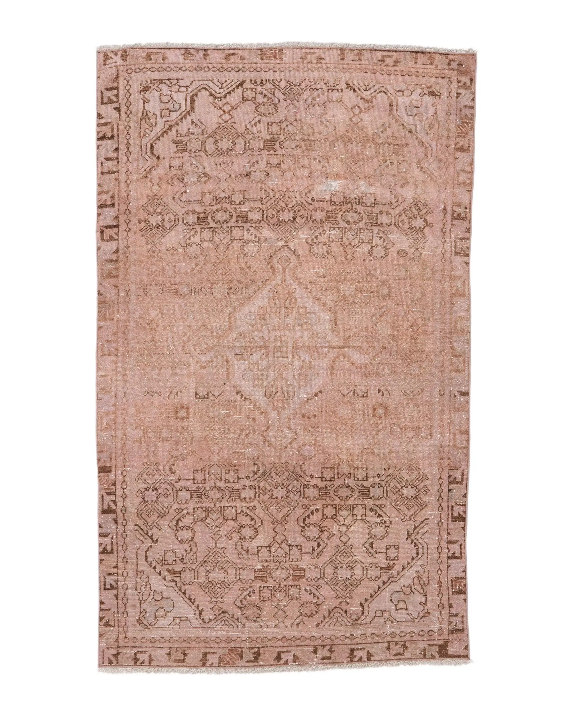 3.7x6.3 ft Accent Türk Halısı, Vintage Halı, Pembe Kahverengi Bordürlü Yün Halı - 1