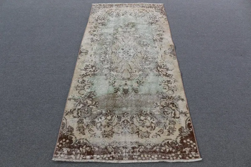 3.2x7 ft Rug, Vintage Turkish Rug, Brown Green Check Wool Rug - 1