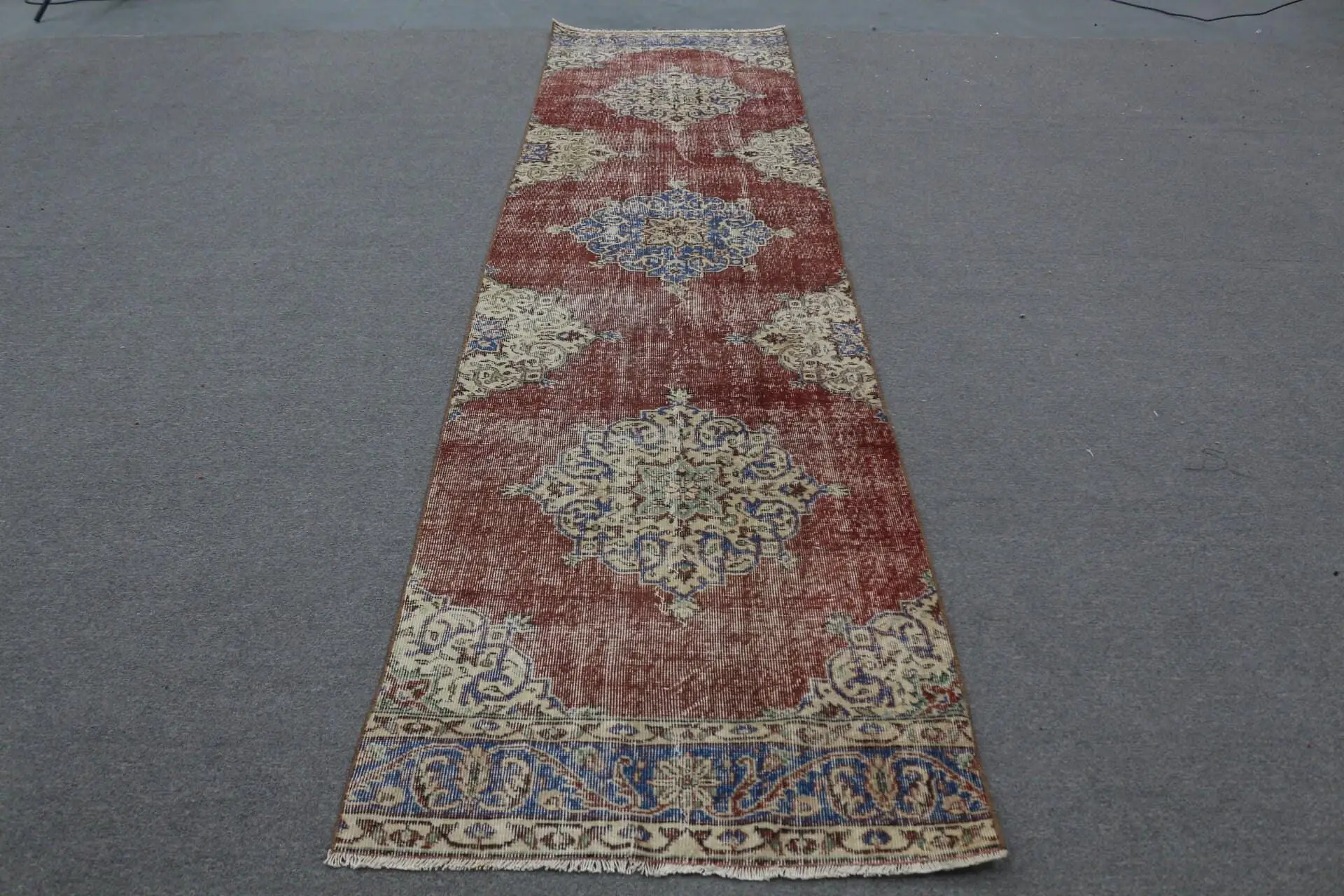 3x8.8 ft Turkish Rug, Red Solid Vintage Wool Rug - 1