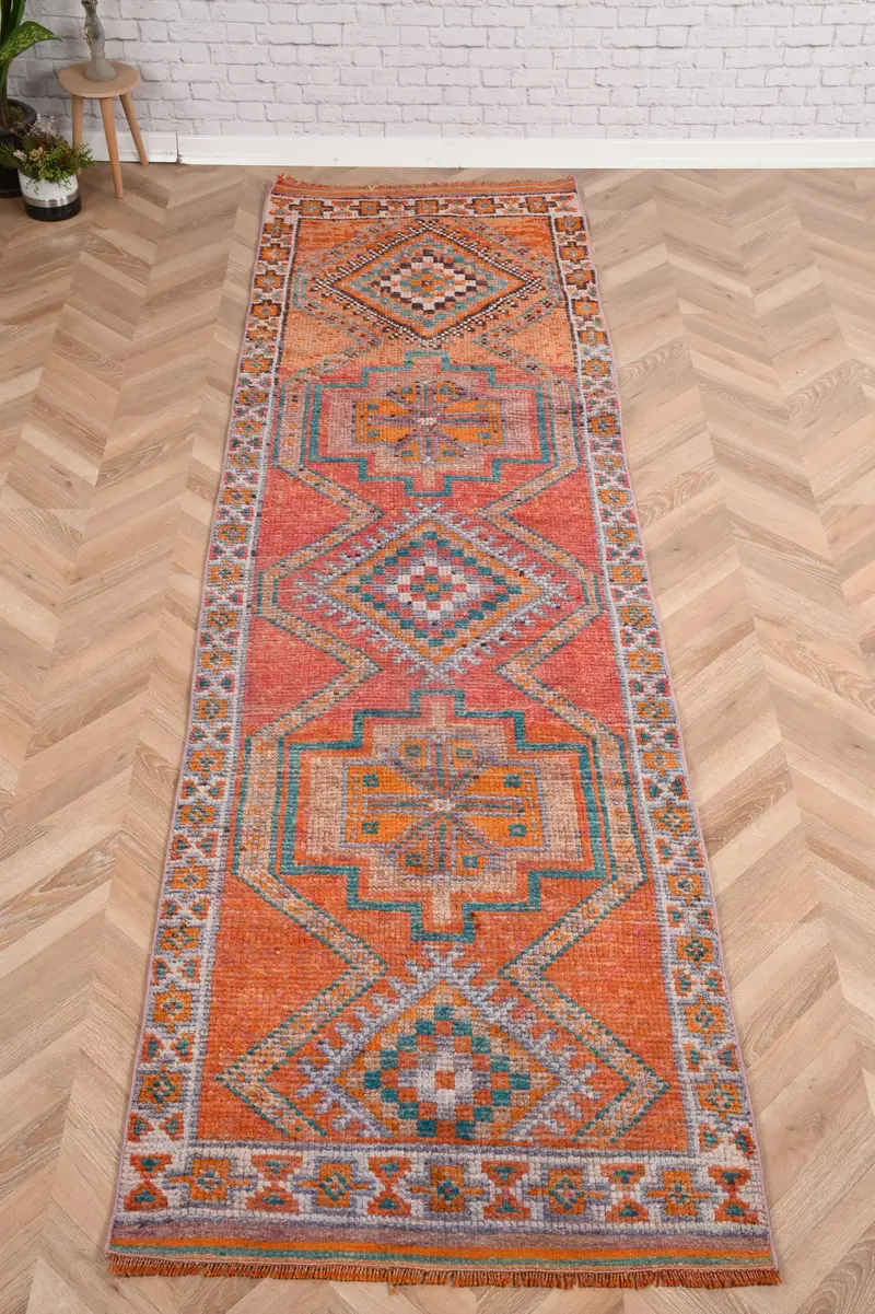 3x10.2 ft Runner Turkish Rug, Vintage Rug, Orange Blue Ombré Wool Rug - 1