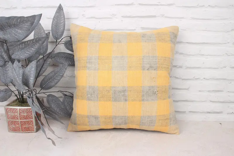 Pillow for Sofa, Cushion, 18x18 Yellow Pillow, Vintage Kilim Throw Pillow, Turkish Corner Pillow Sham, Bench Cushion, Antique Pillows - 1