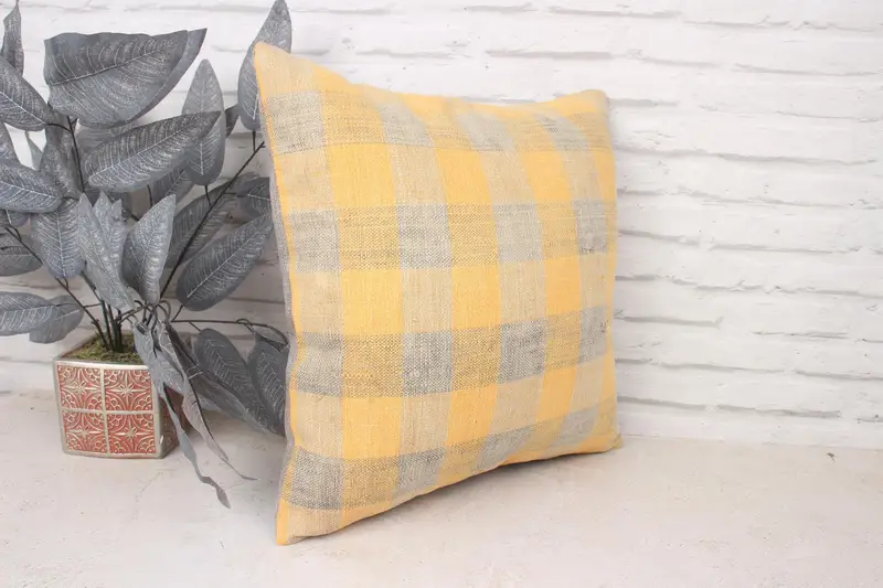 Pillow for Sofa, Cushion, 18x18 Yellow Pillow, Vintage Kilim Throw Pillow, Turkish Corner Pillow Sham, Bench Cushion, Antique Pillows - 3