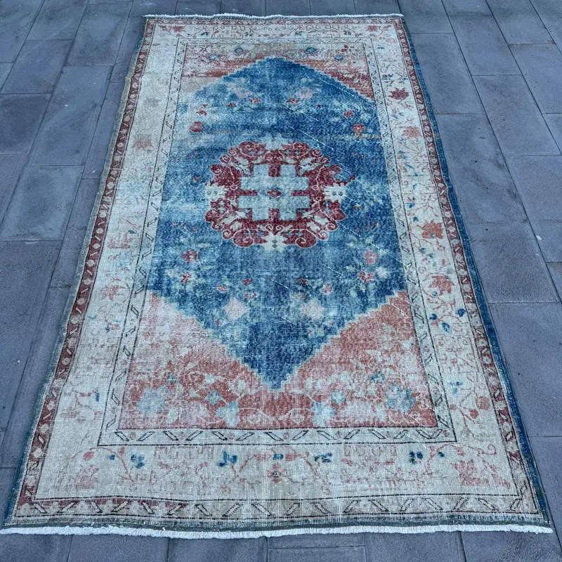 Vintage Turkish Rug, 5.7x10.2 ft Large Rug, Blue Oushak Floral Rug - 1