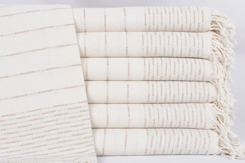 Light Beige Striped Organic Cotton Beach Towel, 70x38 Inches