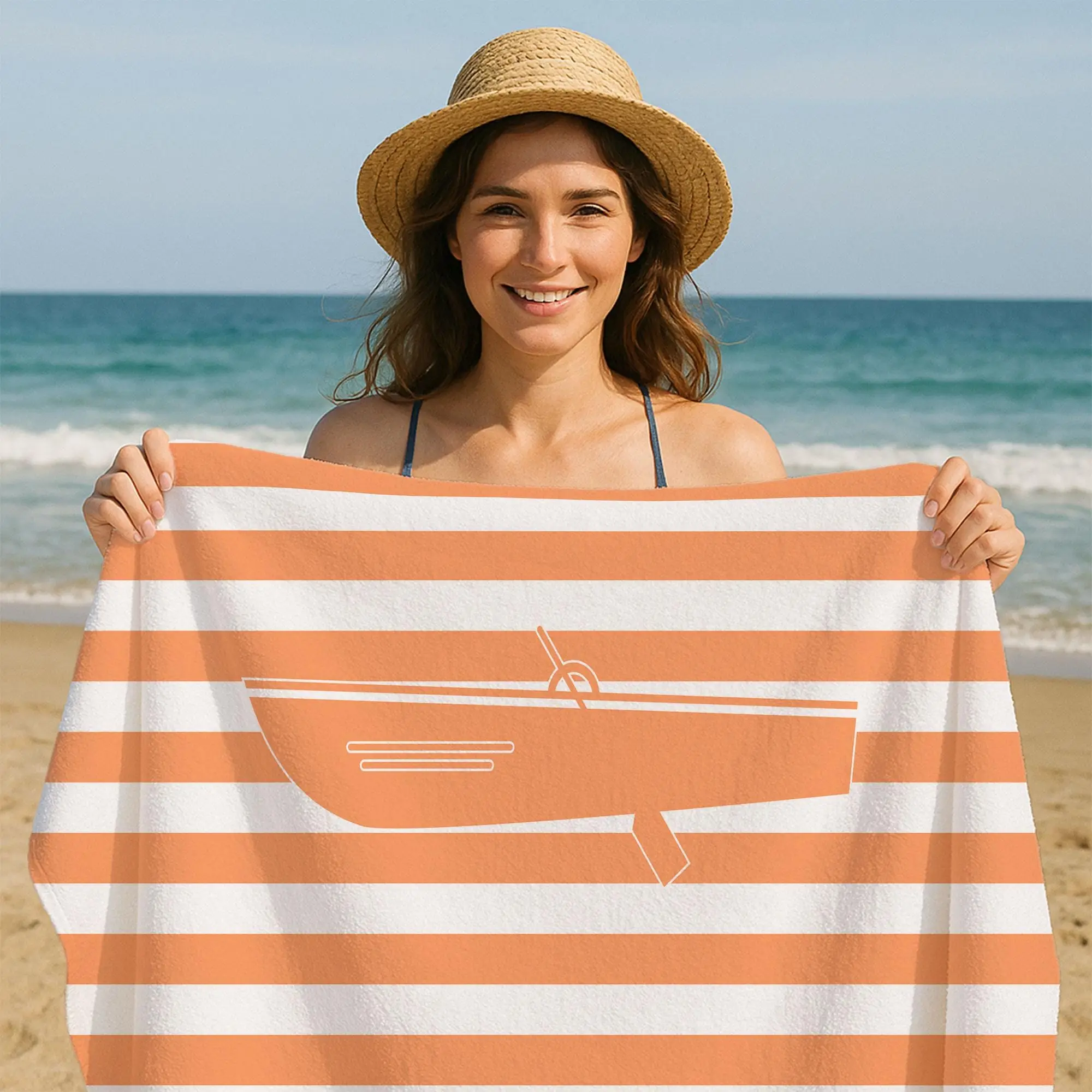 Personalized Nautical Beach Towel with Boat Illustration, 28x53 Inches - 1