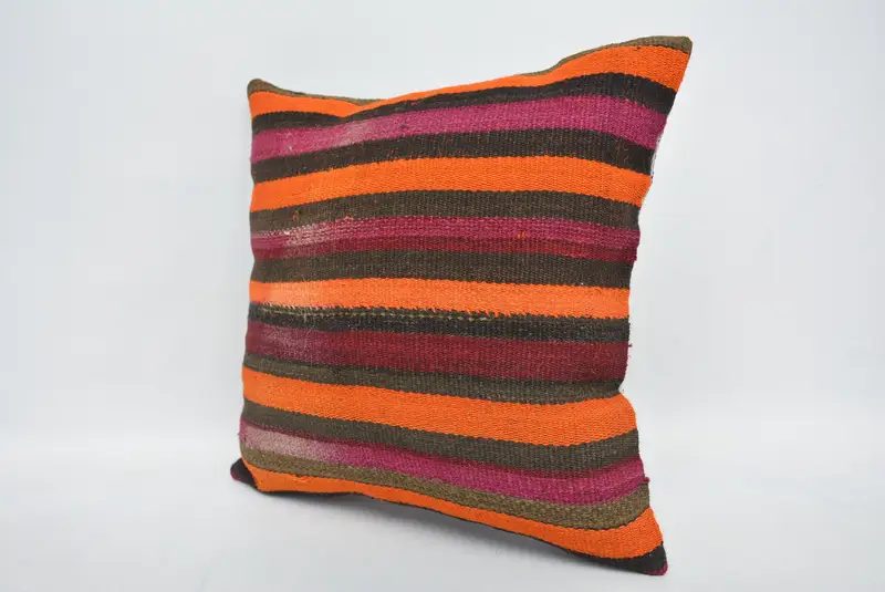 Boho Pillow Sham Cover, Pillow, 16x16 Orange Cushion Case, Throw Kilim Pillow, Ethnical Kilim Rug Pillow, Crochet Pattern Pillow - 4