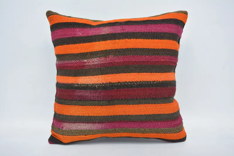Boho Pillow Sham Cover, Pillow, 16x16 Orange Cushion Case, Throw Kilim Pillow, Ethnical Kilim Rug Pillow, Crochet Pattern Pillow - 1