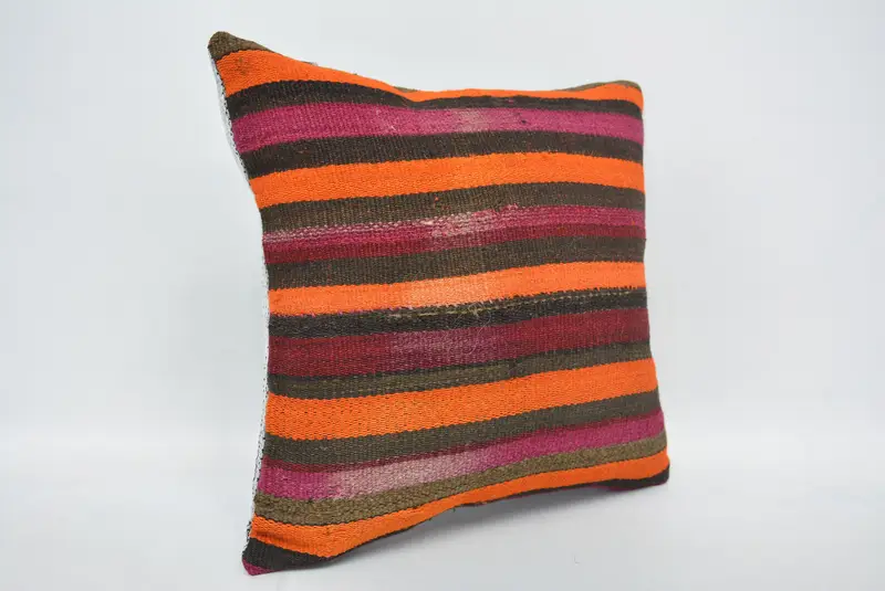 Boho Pillow Sham Cover, Pillow, 16x16 Orange Cushion Case, Throw Kilim Pillow, Ethnical Kilim Rug Pillow, Crochet Pattern Pillow - 3