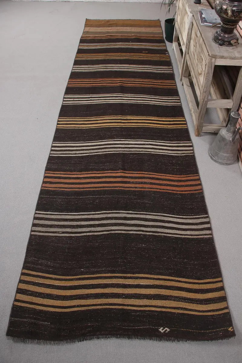 Brown Oriental Rug, 3,3x12,9 ft with Orange Accents